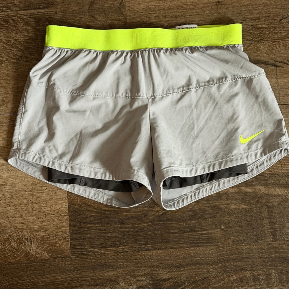 Nike Women's Gray and Neon Waist Band Running Shorts Size Small